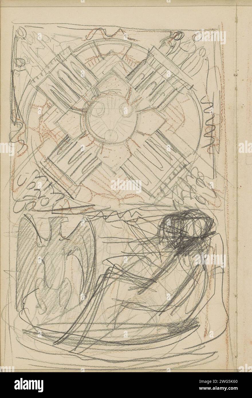 Sitting figure in an eagle against an ornamental background, c. 1889 - c. 1891  Possibly a preliminary study for a wall painting in the town hall in Den Bosch. Page 30 Verso from a sketchbook with 33 sheets.  paper. pencil. chalk  sitting figure. predatory birds: eagle Stock Photo