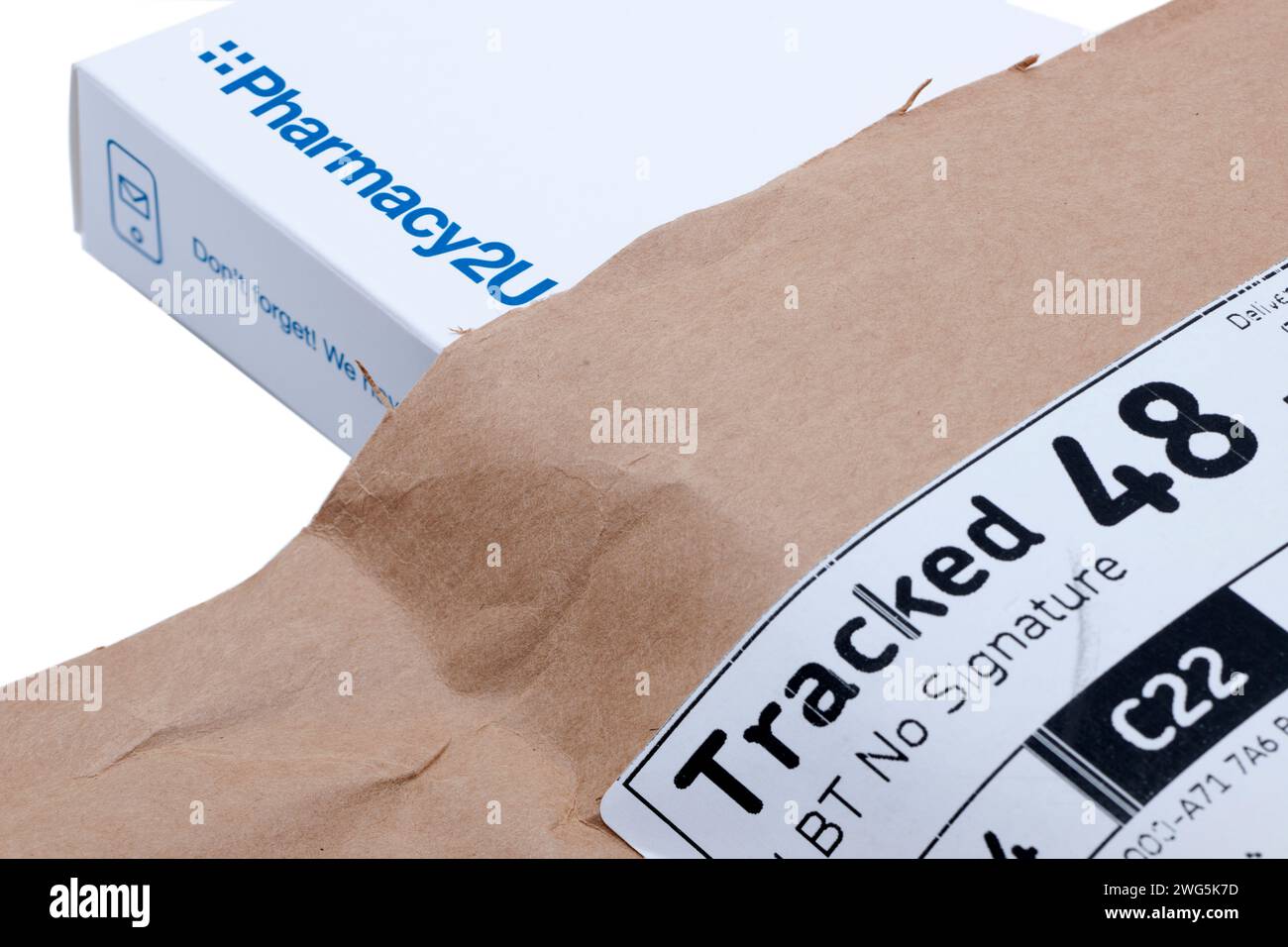 Opened Delivery Packet and Prescription Delivery from Pharmacy2u Tracked 48 No Signature Required Stock Photo