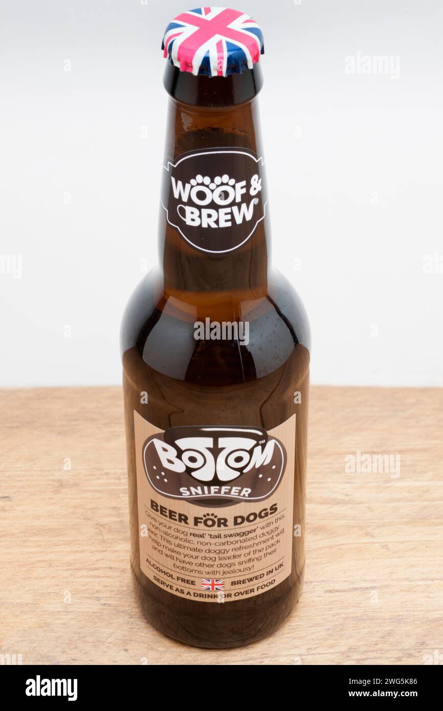 330ml Bottle of Woof and Brew Bottom Sniffer Beer for Dogs on a white background Stock Photo