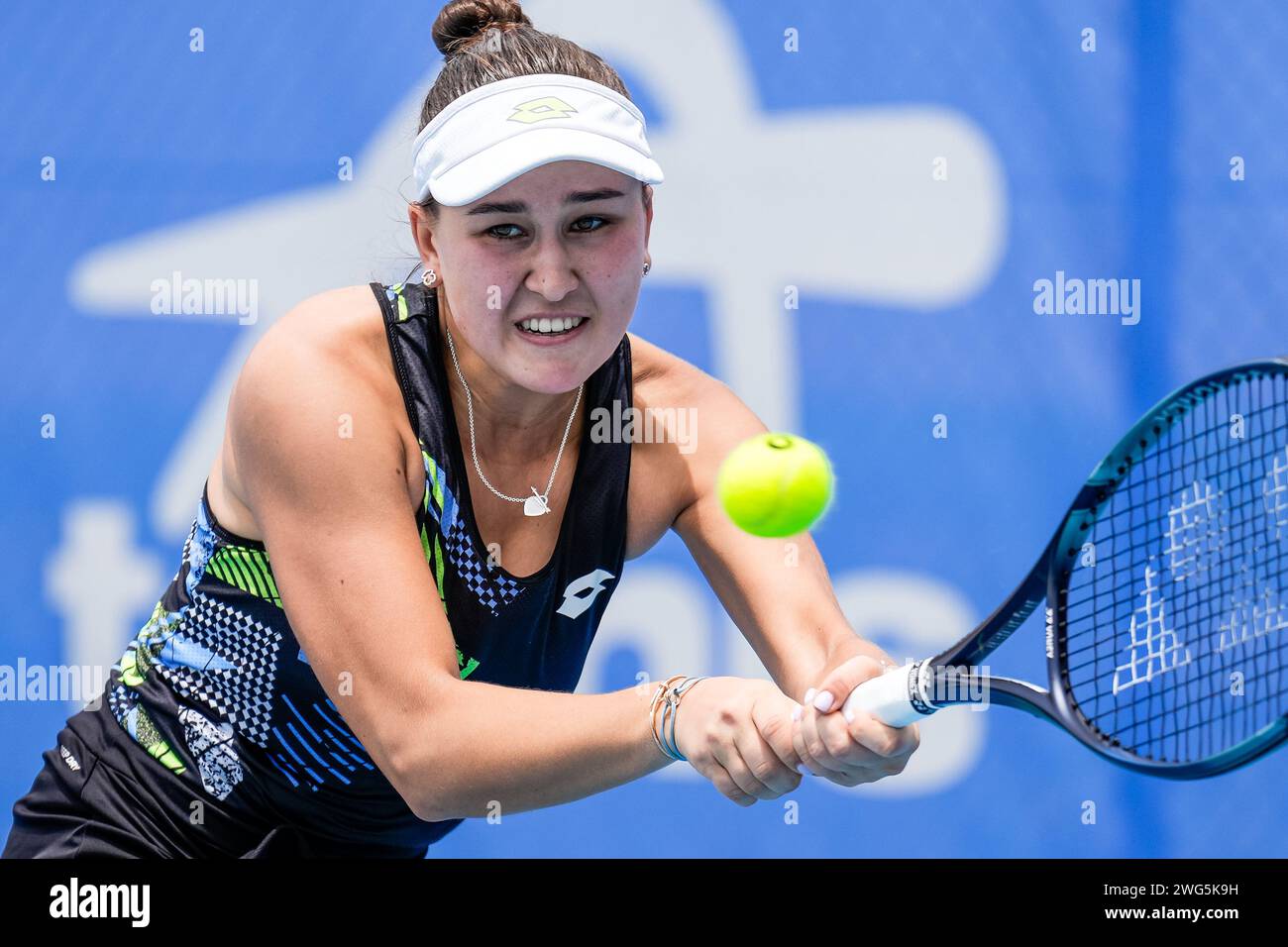 Kamilla Rahkimova in action during the Round of 32 of the 2024 Canberra
