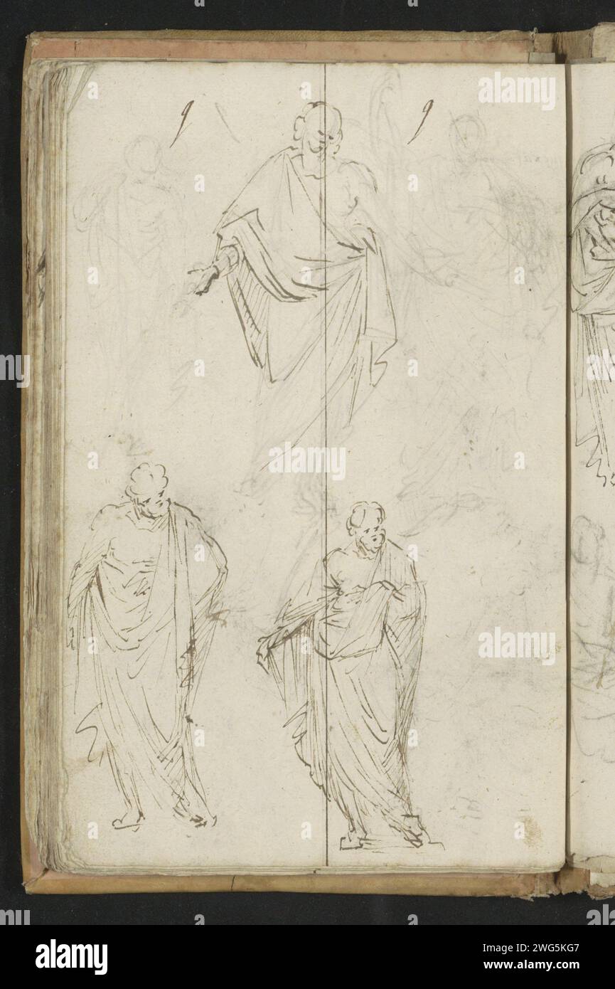 Three figures in Toga, 1658 - 1728  Page 30 Verso from a sketchbook with 33 sheets.  paper. ink. pencil pen standing figure. arm stretched sidewards - AA - both arms or hands Stock Photo