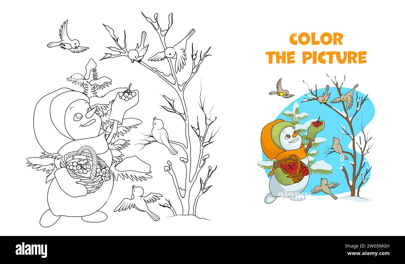 Smiling snowman girl feeding birds in the forest in winter. Coloring page. Cartoon vector illustration. Stock Vector