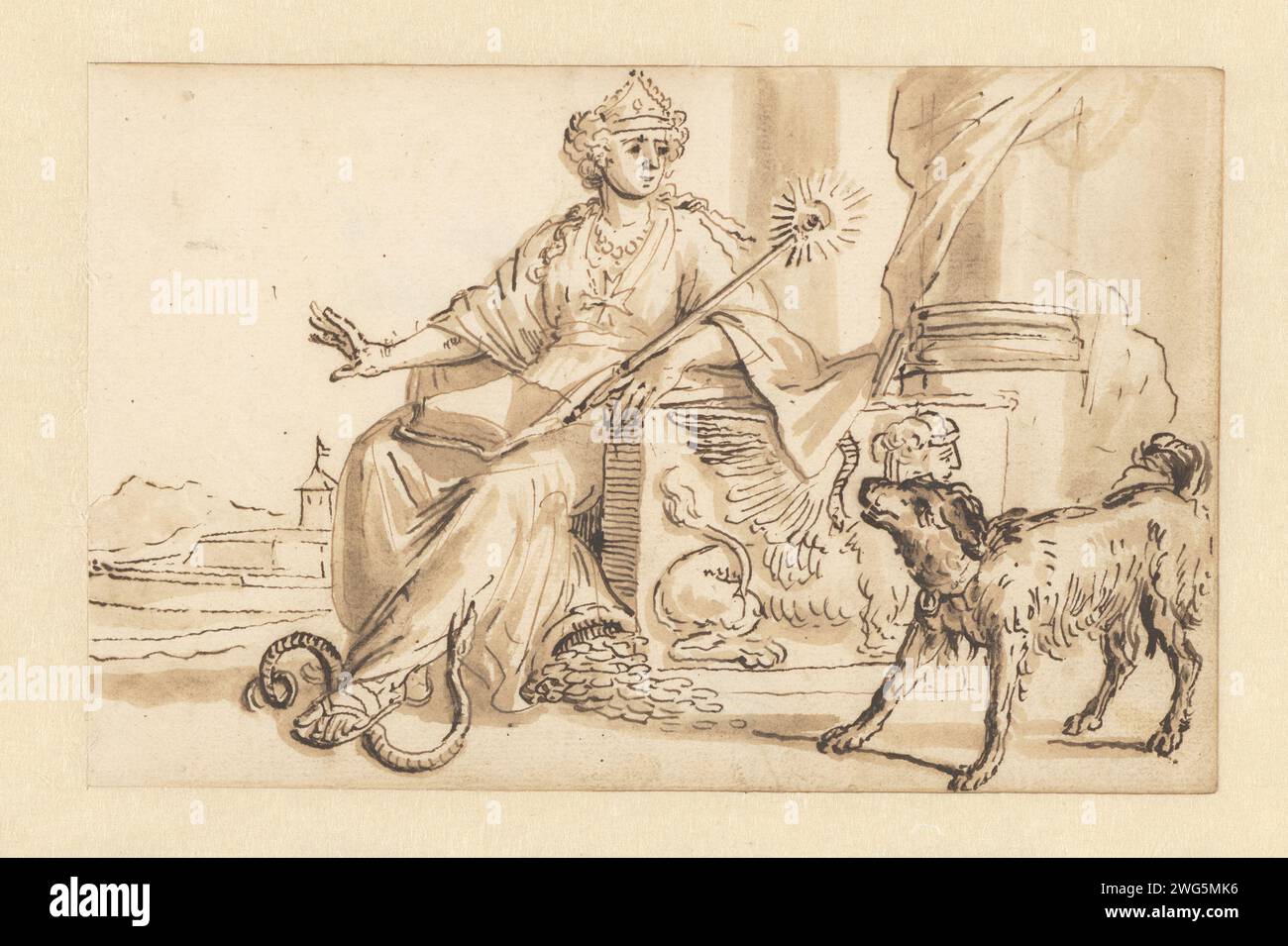 De caution, Romeyn de Hooghe (Possible), 1655 - 1708 drawing   paper. ink pen / brush dog. Prudence, 'Prudentia'; 'Prudenza' (Ripa)  one of the Four Cardinal Virtues Stock Photo