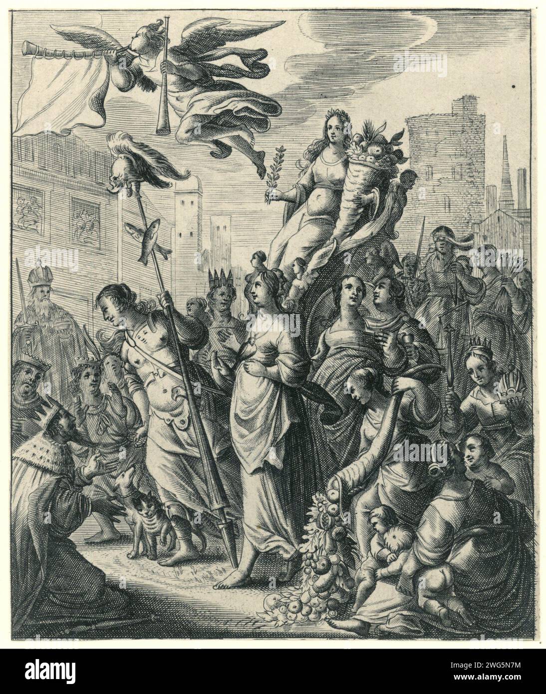 System on the Peace of Munster, 1648, Salomon Savery (Possible), 1648 print Symbol on the peace of Munster, 1648. Triumphal parade of peace with a horn of abundance in the arms, surrounded by various allegorical characters. Above the procession, the fame proclaims the news of the peace. Northern Netherlands paper engraving ame; 'Truss', 'Buona', 'Chiara' (RIPA). PEACE AND PROSPERITY, 'PAX ET ABUNDANTIA' Symbols, allegories of peace, 'pax'; 'Pace' (RIPA) Stock Photo