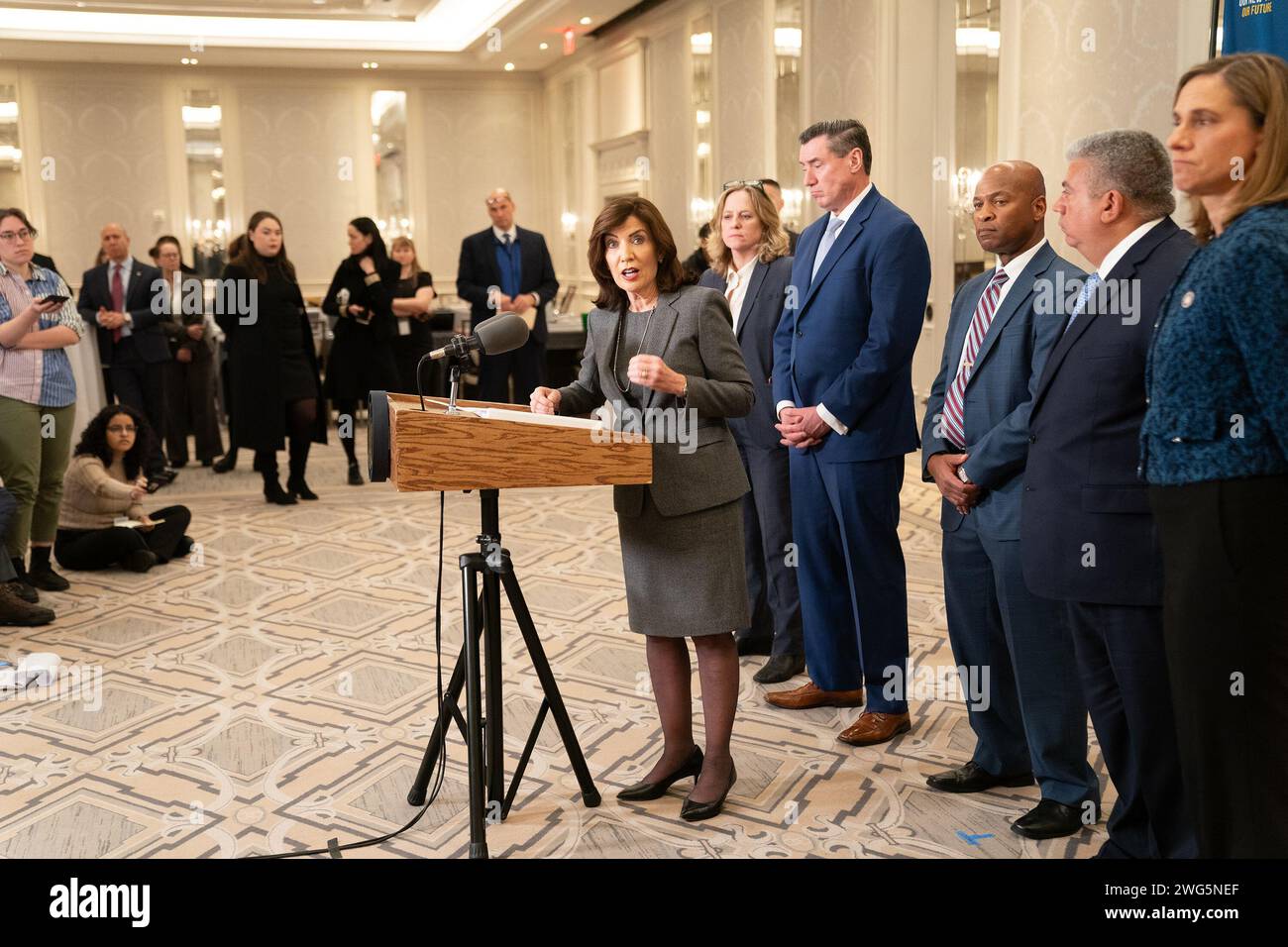 New York, United States. 02nd Feb, 2024. Governor Kathy Hochul speaks to press after attending DA Association of NYS winter conference at Intercontinental Barclay in New York. Press briefing was attended by Erie County District Attorney John Flynn, Queens County District Attorney Melinda Katz, Westchester County District Attorney Mimi Rocah, Kings County (Brooklyn) District Attorney Eric Gonzalez, New York State Police Acting Superintendent Steven G. James. (Photo by Lev Radin/Pacific Press) Credit: Pacific Press Media Production Corp./Alamy Live News Stock Photo