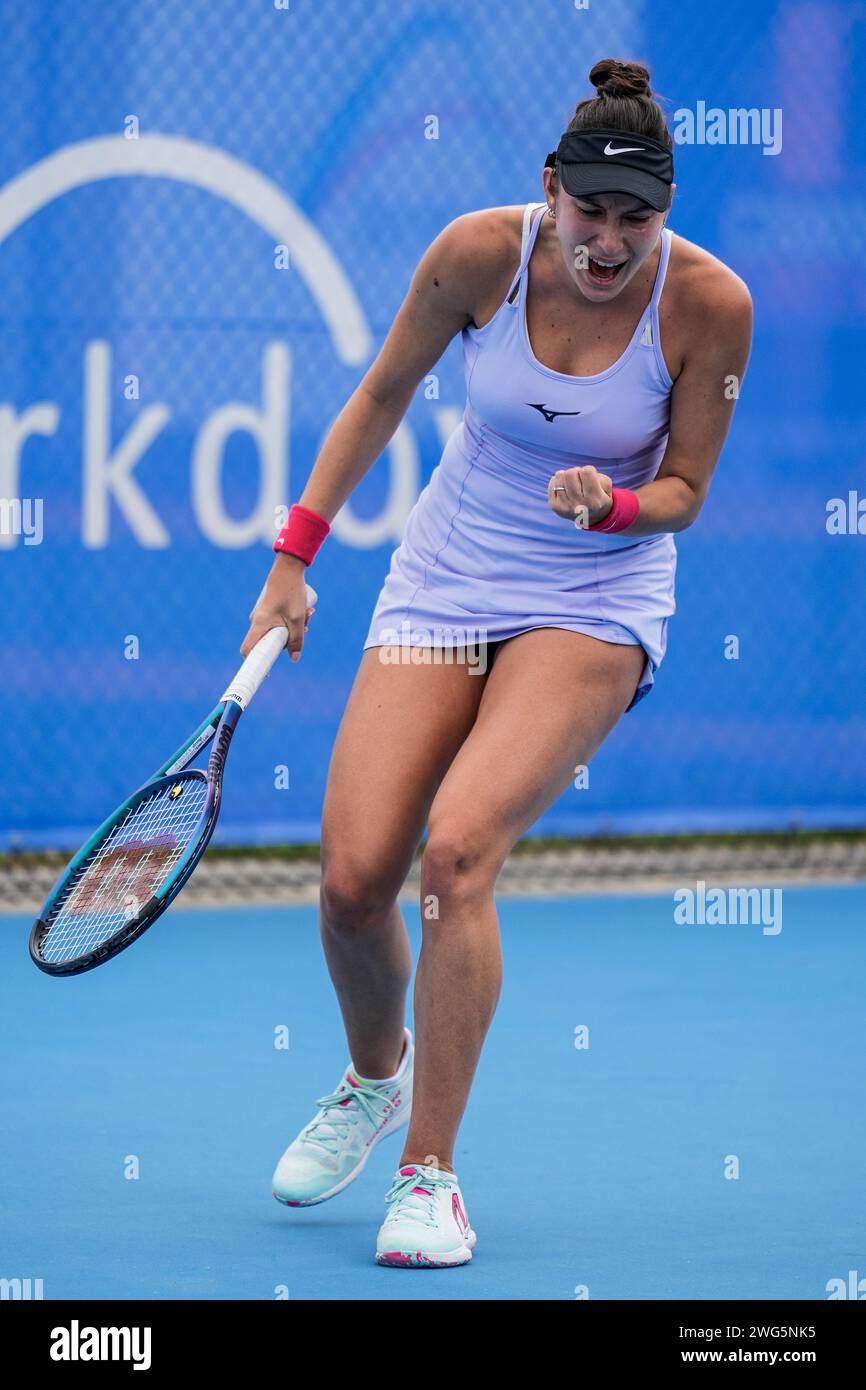 Oceane Dodin of France in action during the Round of 16 of the 2024 Canberra International WTA 125 tournament Stock Photo