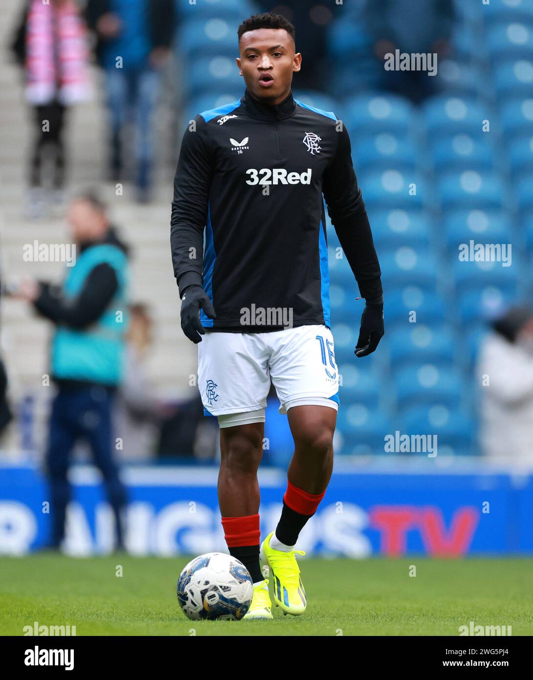 Rangers' Oscar Cortes warming up ahead of the cinch Premiership match ...