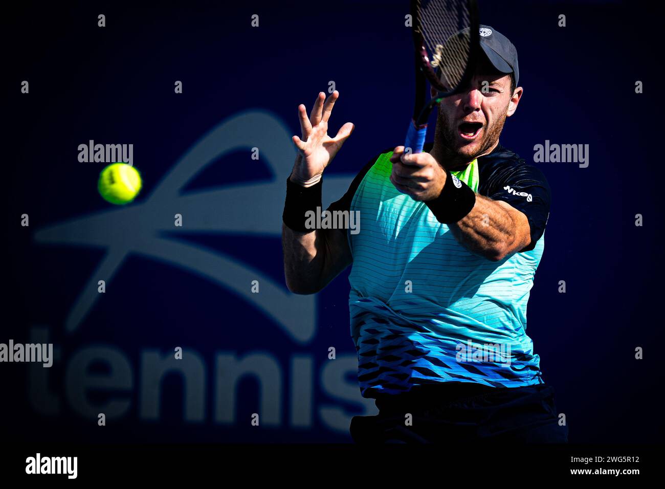 Dominik Koepfer of Germany in action during the semifinals of the 2024 Canberra International ATP Challenger 125 tournament Stock Photo