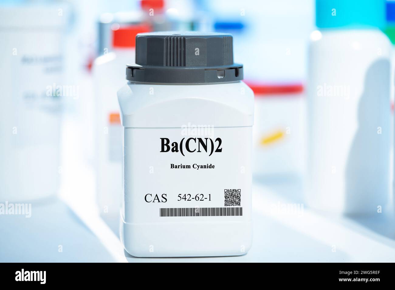 Ba(CN)2 barium cyanide CAS 542-62-1 chemical substance in white plastic laboratory packaging Stock Photo