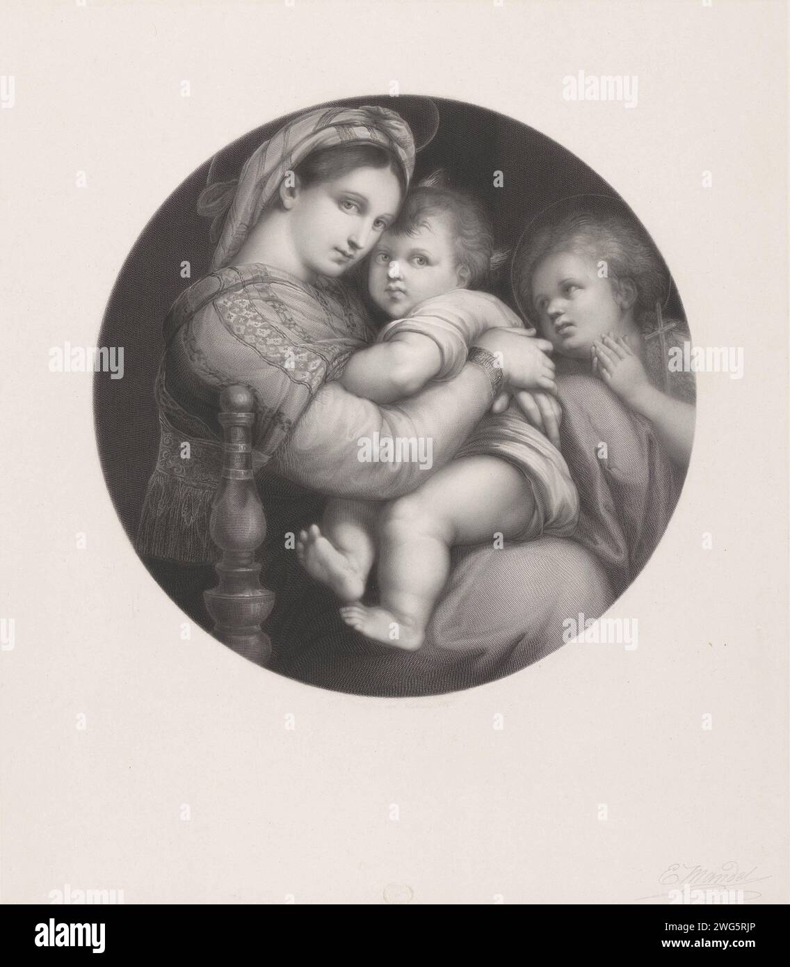 Tondo with Maria with Kind and Johannes de Doper, Eduard Mandel, After Rafaël, 1865 print  Berlin paper. steel engraving Madonna: i.e. Mary with the Christ-child. John the Baptist as child  Madonna-representations (N.B. secondary notation only) Stock Photo
