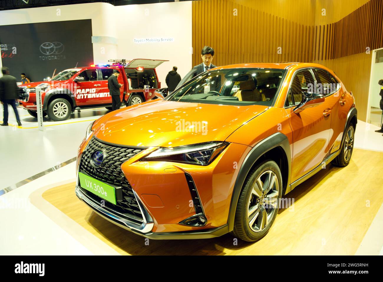 New Delhi - February 1, 2024: Lexus UX 300e car is on display at Bharat Mobility Global Expo 2024 at New Delhi in India. Stock Photo