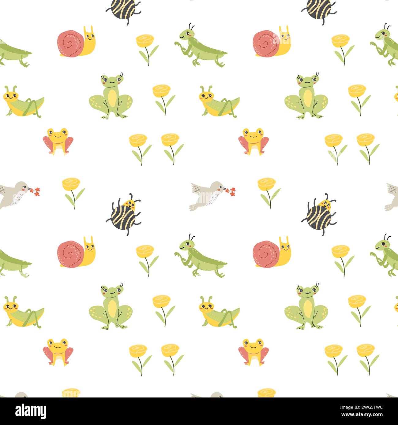 Cute insect sand animals snail and frog, bird seamless pattern. Vector ...