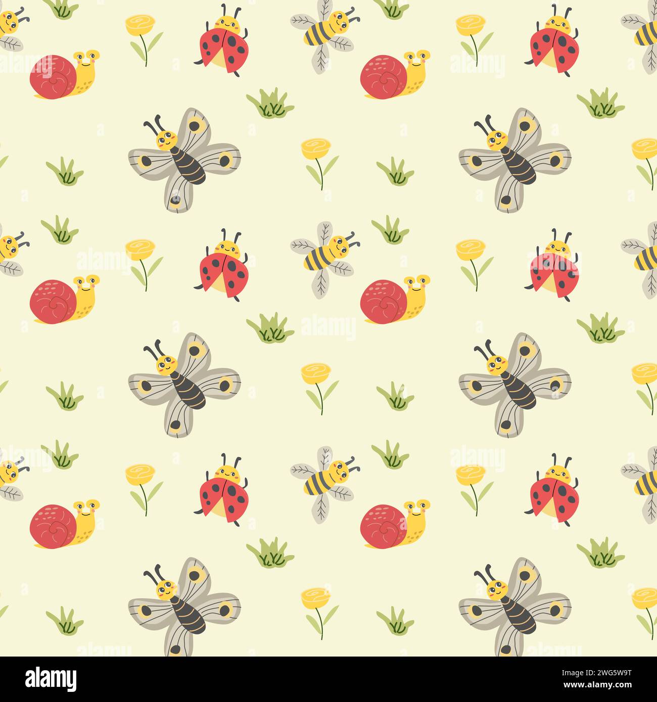 Cute butterfly and ladybug summer pattern. Vector illustration On yellow background.  Stock Vector