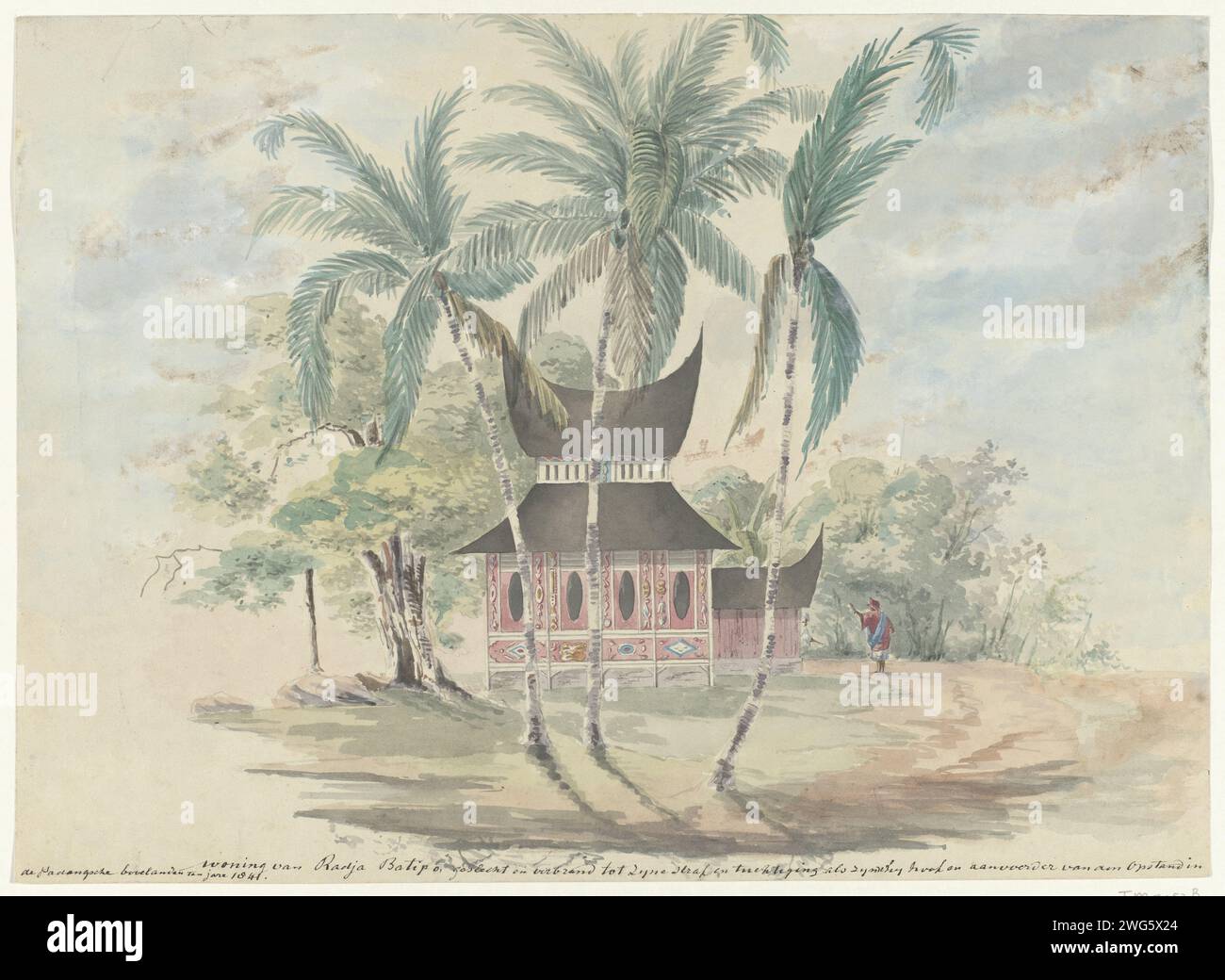 House of Radja Batipo, demolished and burned to his punishment and discipline as he being head and captain of the rebellion in the Padangsche Bovelandententen Jare 1841, 1841  The house located between trees, in the foreground three palm trees, two people on the right at the house. According to the caption, this would be the home of the Sultan of Batipo (Batipuh). In 1841, this Sultan led a rebellion against Dutch authority in the Padang Panjang district on the west coast of Sumatra. Netherlands paper. watercolor (paint) brush writer, poet, author. Helicon, sacred to the Muses Sumatra. Fake Pa Stock Photo
