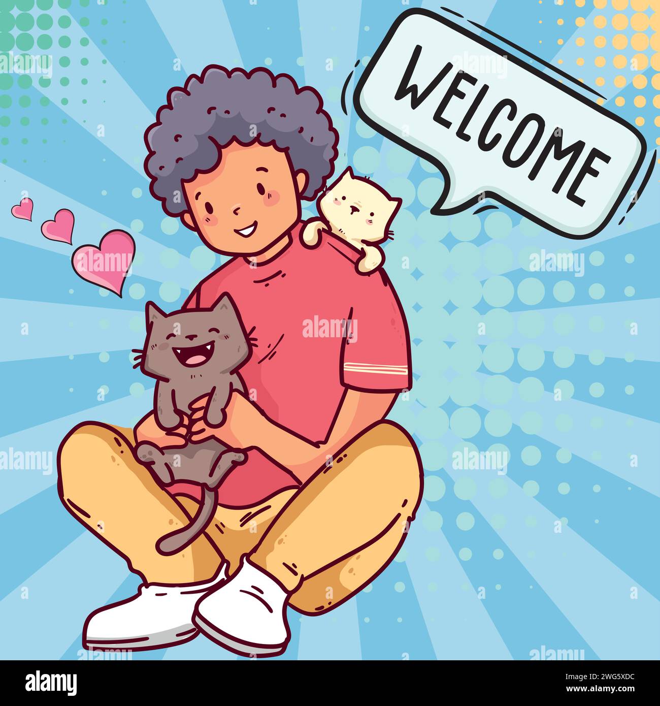 Cat and boy pop art style vector image Stock Vector