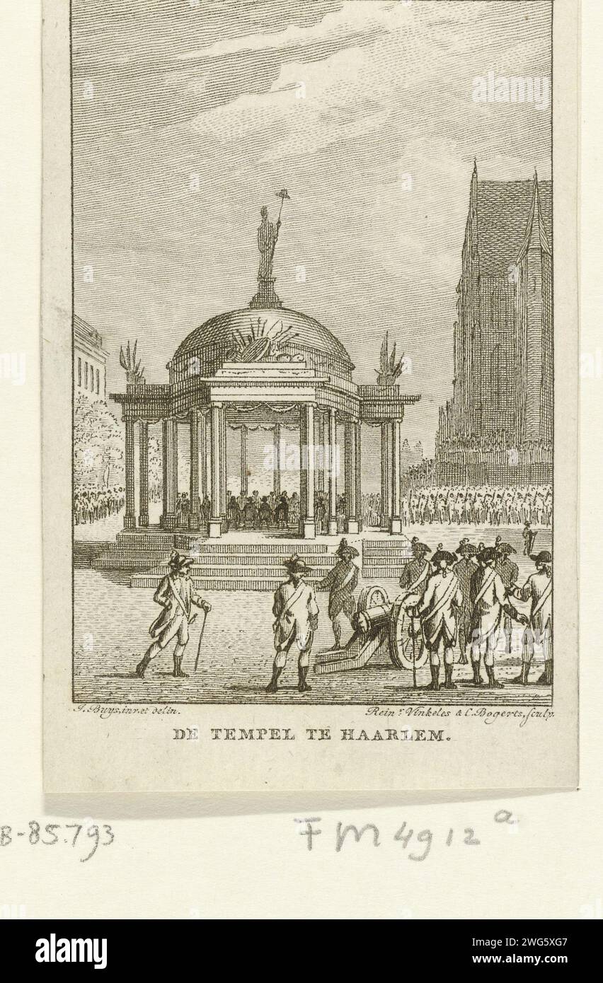 Sworn in the Government Regulations in Haarlem, 1787, Reinier Vinkeles (I), After Jacobus Buys, 1787 - 1795 print Solemn ceremony with the sworn in the new government regulations founded in a temple on the Grote Markt in Haarlem, 5 September 1787. Archers are set up around the square. Marked at the top right: XIX.D.PL.II. Northern Netherlands paper etching warfare; military affairs (+ citizen soldiery, civil guard, citizen militia). proclamation of new government Large market. Sint-Bavokerk Stock Photo