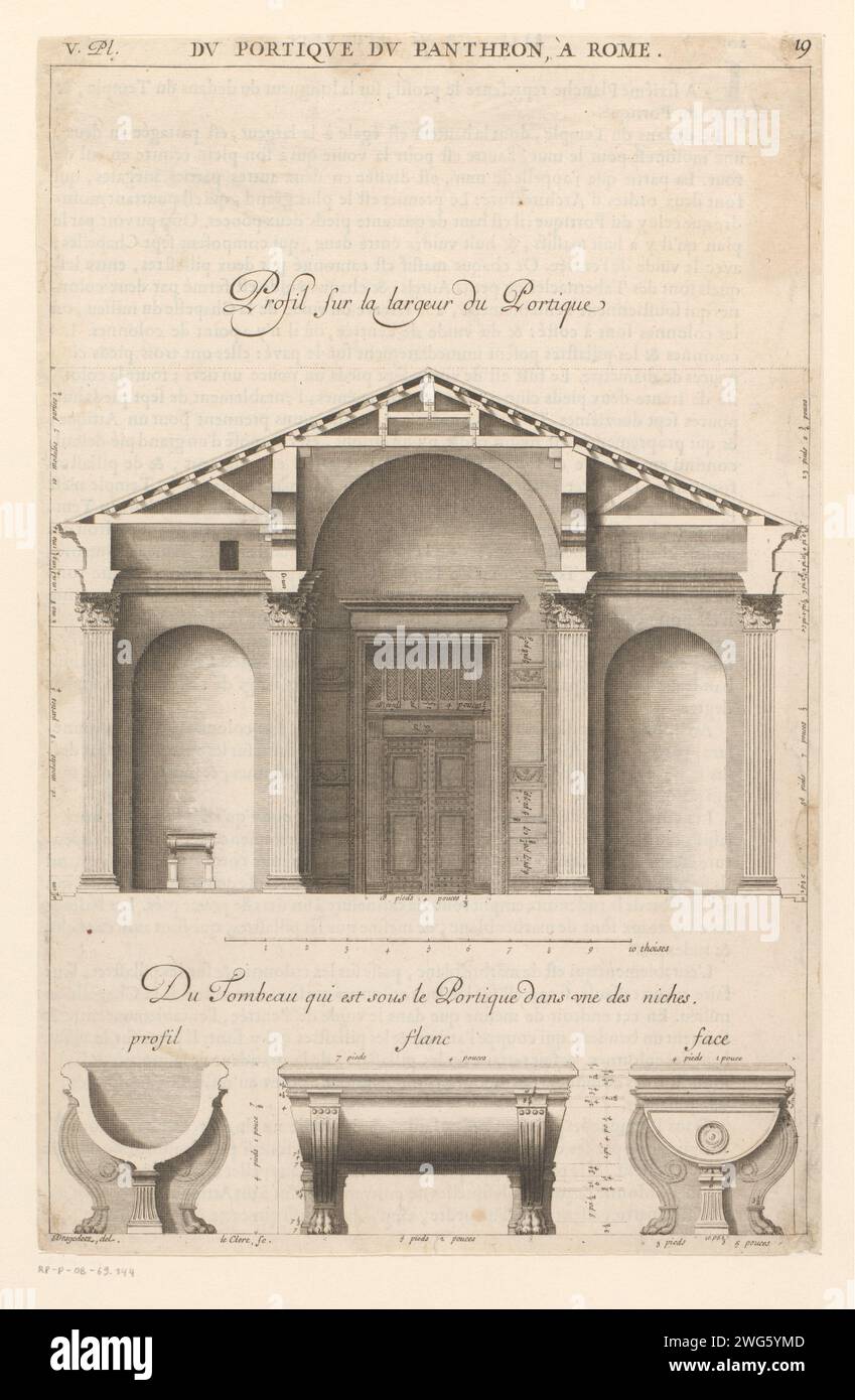 Portic of the Pantheon in Rome and three Tombes, Sébastien Leclerc (I), After Antoine Babuty Desgodetz, 1682 print  print maker: Francepublisher: Paris paper etching / engraving parts of church exterior and annexes: portal. grave, tomb Pantheon Stock Photo