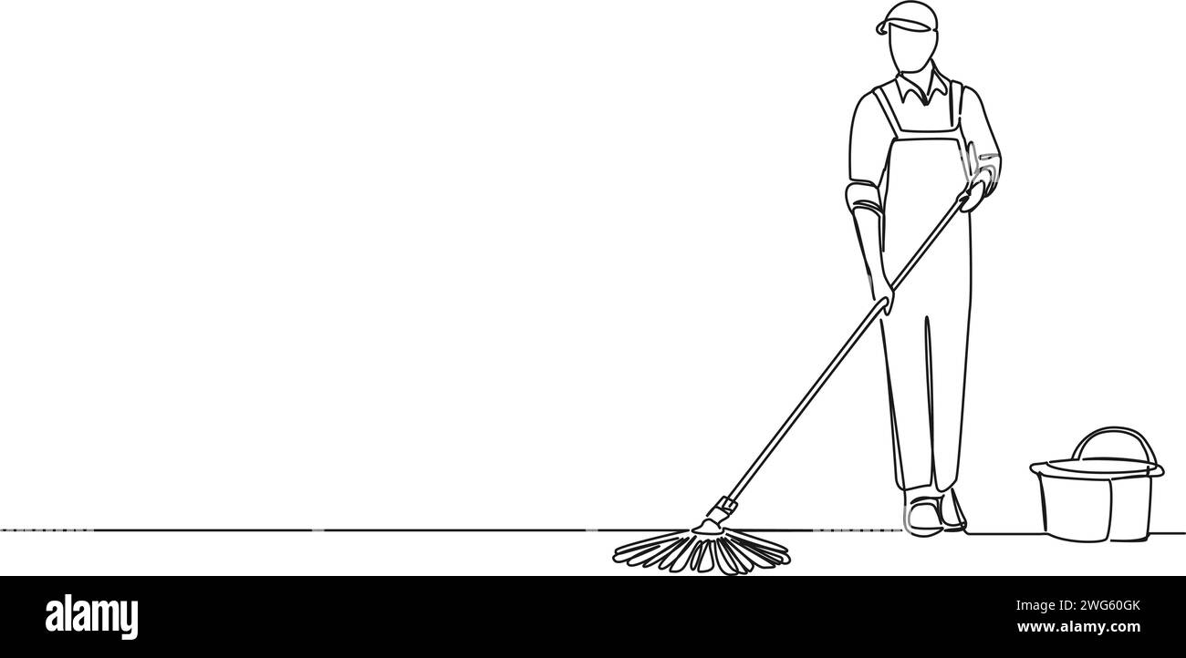 continuous single line drawing of janitor mopping floor, line art vector illustration Stock Vector