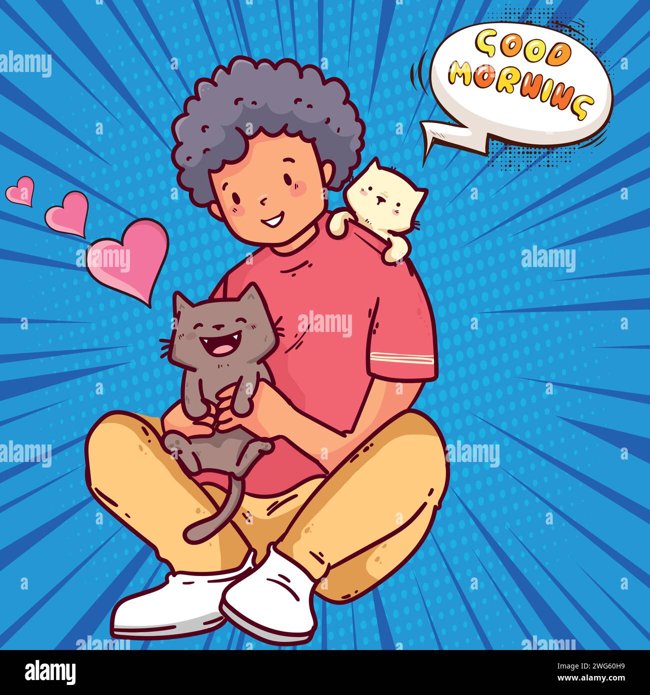 Cat and boy pop art style vector image Stock Vector