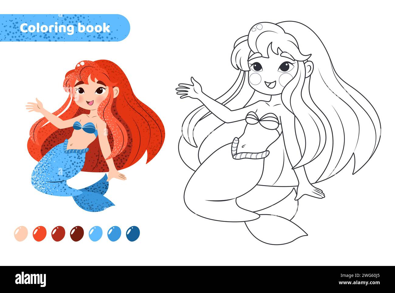 Coloring book for kids. Cute mermaid with tail. Stock Vector