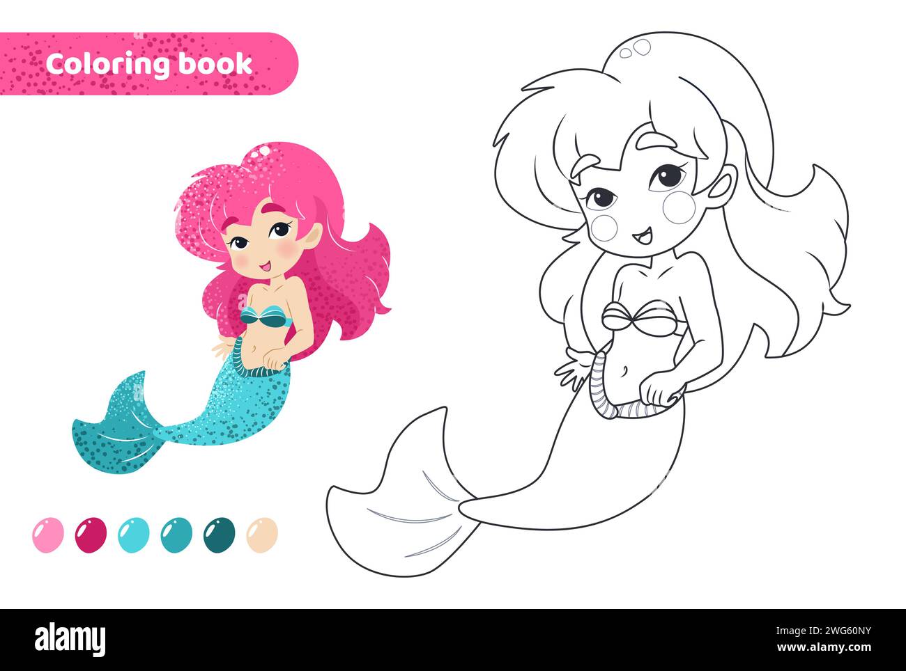 Coloring book for kids. Cute mermaid smiling. Stock Vector
