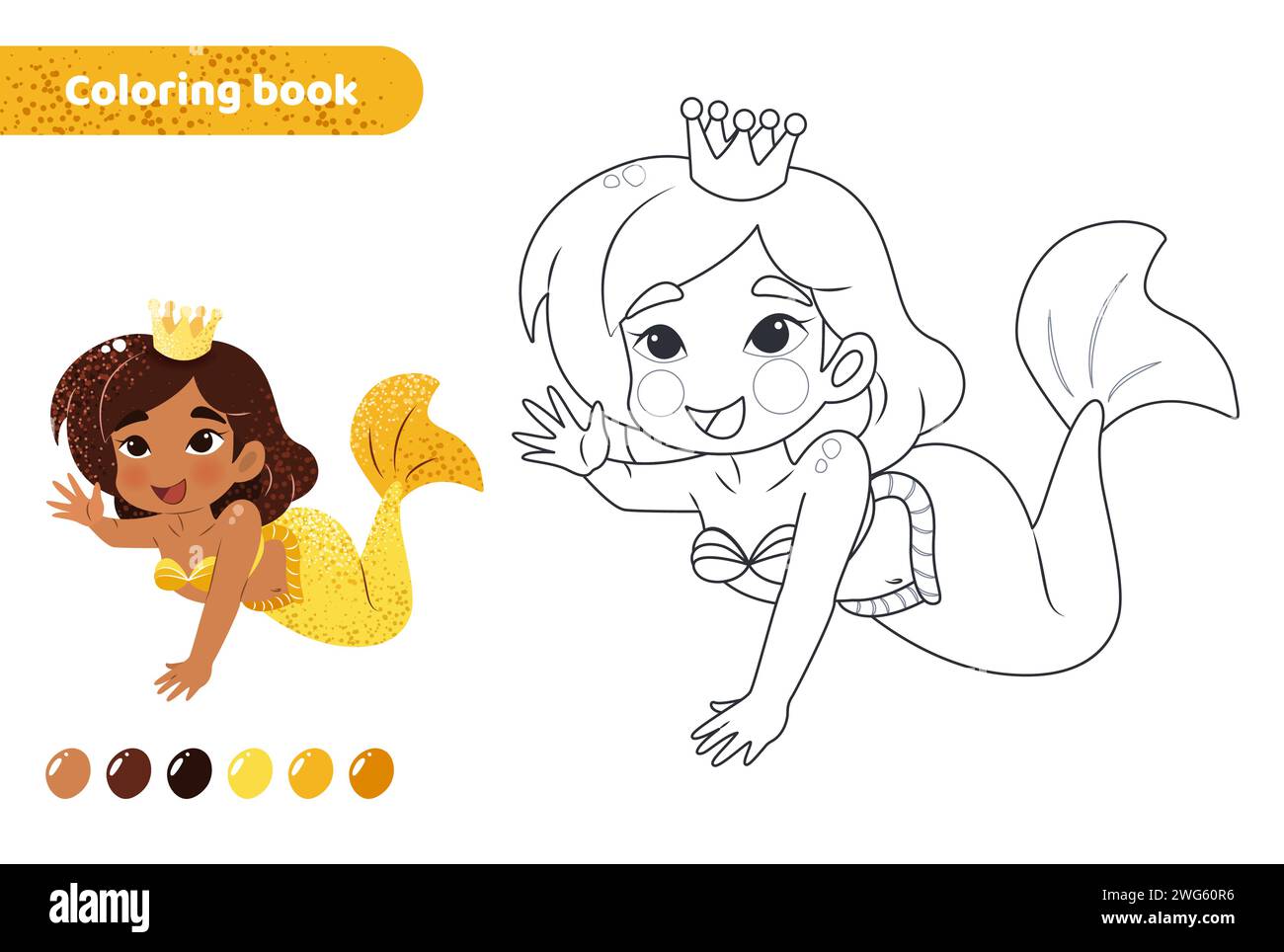 Coloring book for kids. Cute mermaid with crown. Stock Vector