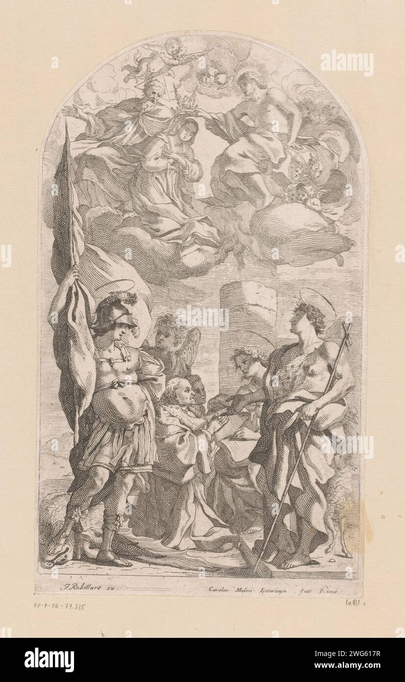 Kroning van Maria Met Johannes de Doper en H. Florian, Charles Mellin, 1622 - 1649 print  Rome paper etching / engraving coronation of Mary in heaven (usually the Holy Trinity present). series of scenes from the life of John the Baptist. the soldier martyr Florian of Lorch; possible attributes: bucket (pitcher), lance with banner, millstone, palm-branch, shield (with cross), sword Stock Photo