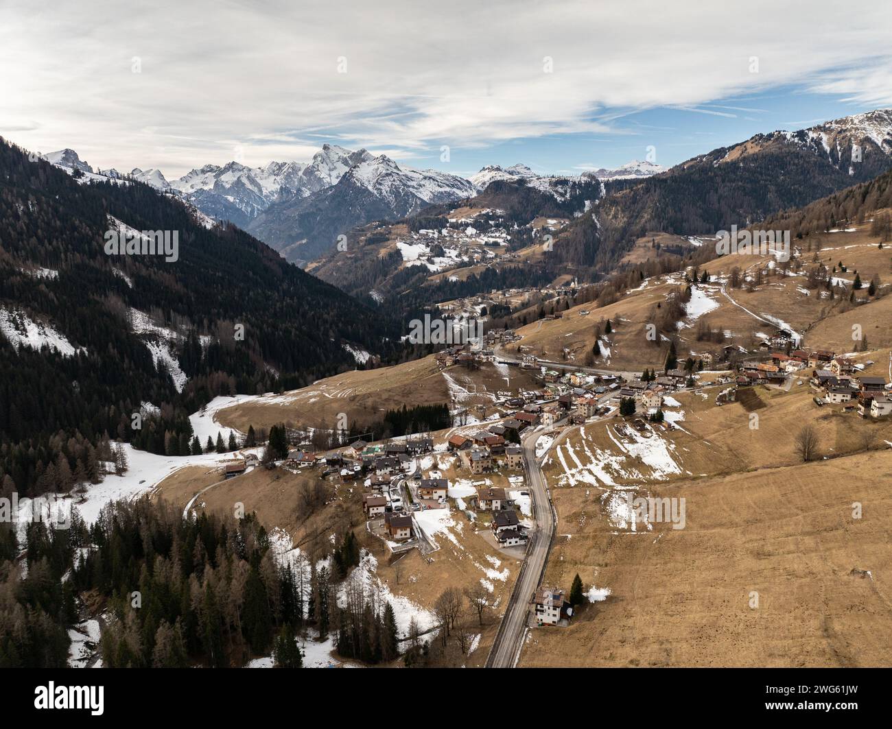 Santa Fosca Civetta resort. Panoramic view of the Dolomites mountains in winter, Italy. Ski resort in Dolomites, Italy. Aerial  drone view of Santa Fo Stock Photo