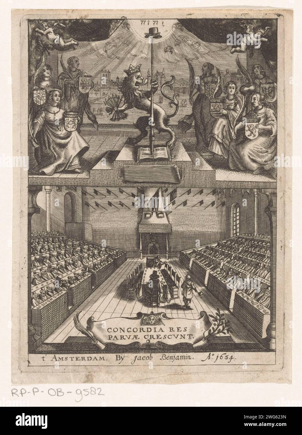 Dutch Lion and Republic of the Seven United Netherlands, Anonymous, 1654 print The Hollandse Leeuw with freedom hat and a bundle of seven arrows. Around seven women with coats of arms are as personifications of the seven states of the Republic of the United Netherlands. Below the room where the Union of Utrecht was closed. Amsterdam paper engraving / etching beasts of prey, predatory animals: lion. symbols of particular nations, states, districts, etc.. alliance, league, union, foedus Stock Photo