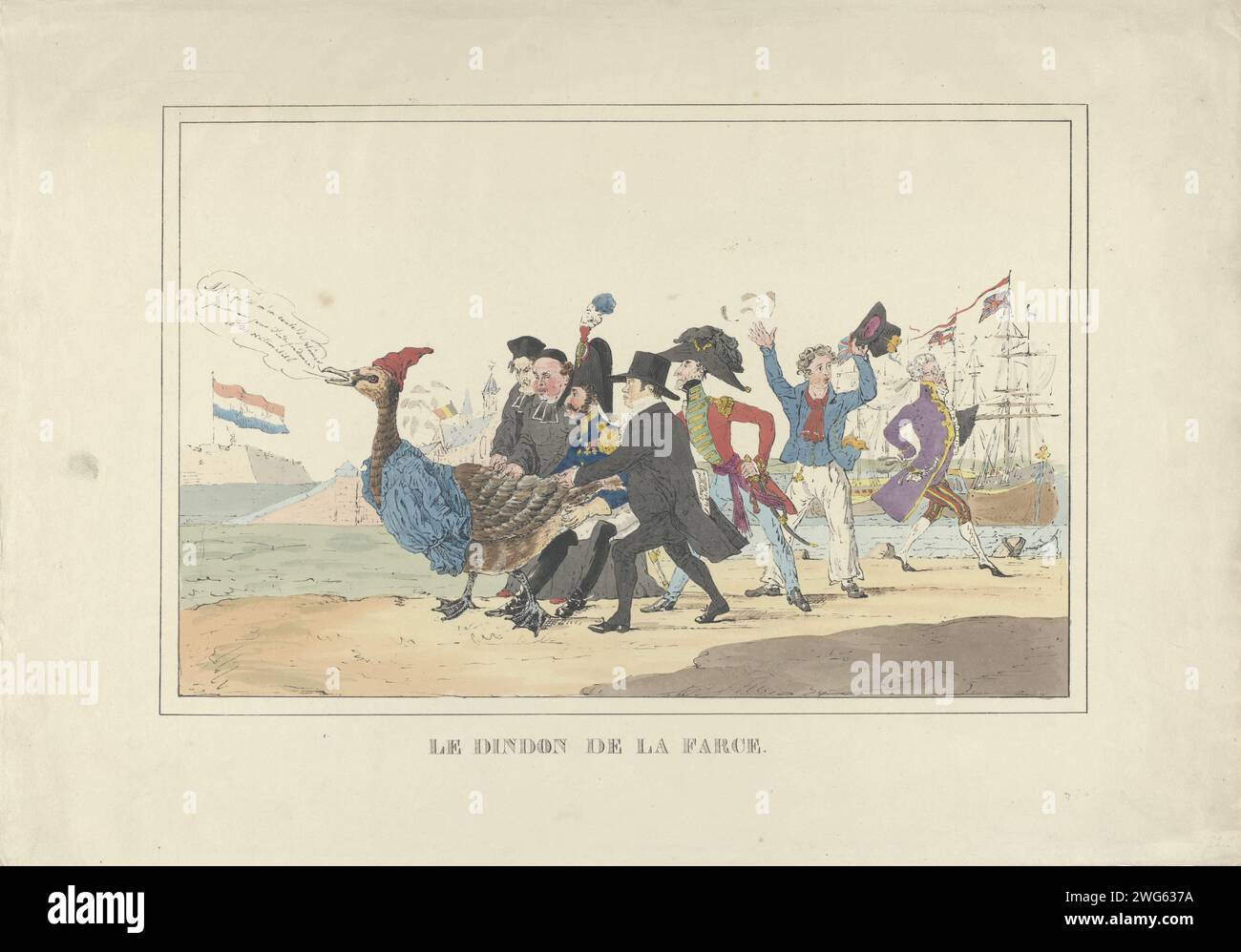 Belgium exploited by different countries, 1831, 1831 print Bartlepent with the Free Belgium presented as a goose in a blue Werkmanskiel and with Jacobijnenmuts, 1831. Two clergymen, a French and an English officer and a financier (Rothschild?) All try to pick all the goose at the same time. A Dutch sailor has already given up picking, on the right Surlet de Chokier is satisfied. In the background, the Dutch flag flies on the citadel of Antwerp, on the right British ships. Netherlands paper  water-birds: goose. cleaning fowl or small animals Citadel of Antwerp (19th century) Stock Photo