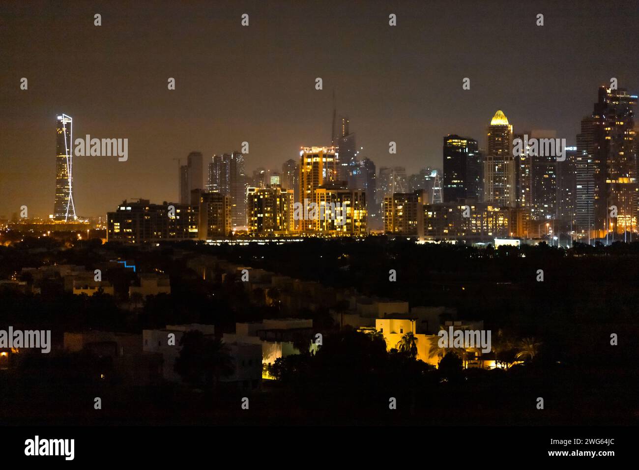 Night panorama of a downtown Dubai area. Stock Photo