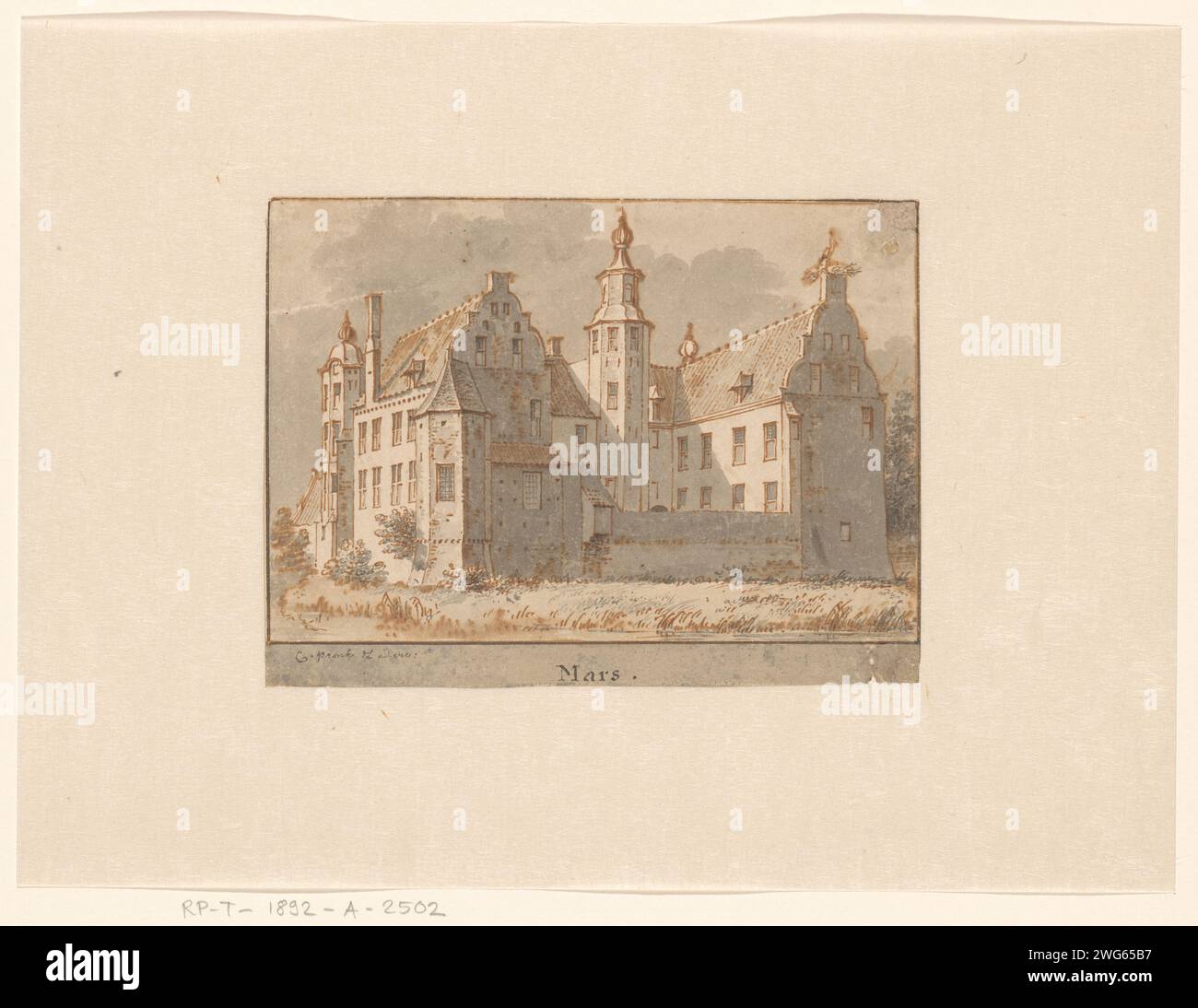 The ruin of the abbey in Rijnsburg, Hendrik Spilman, 1733 - 1784 drawing   paper. ink pen / brush parts of church exterior and annexes Rijnsburg Stock Photo