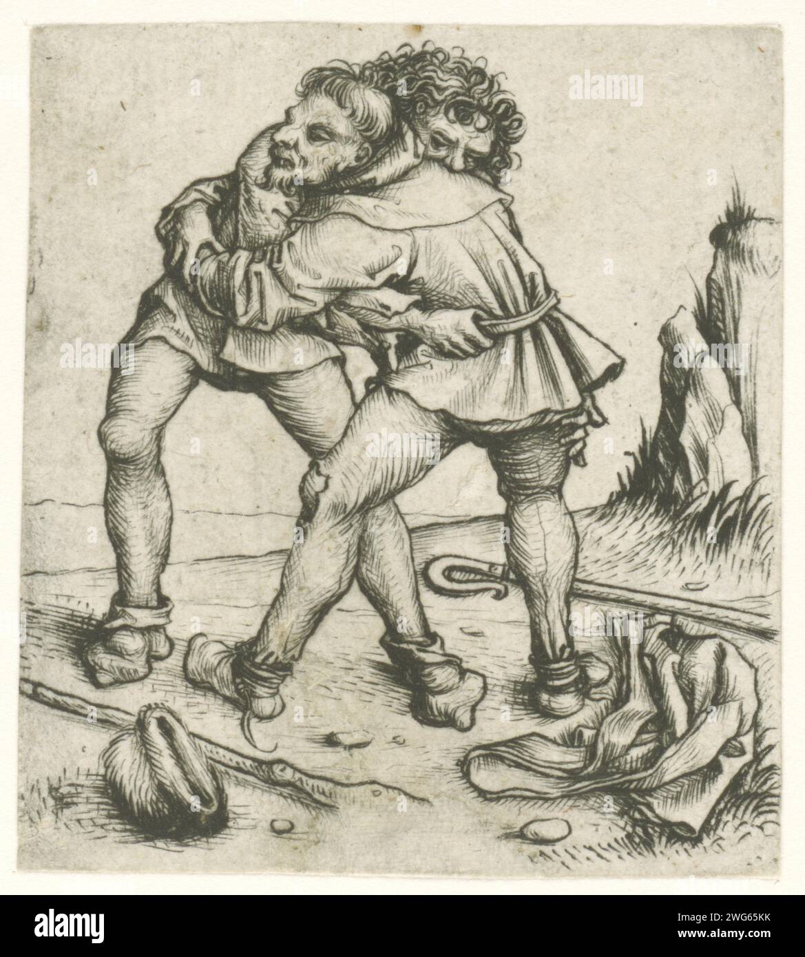 Two wrestling farmers, master of the Amsterdam cabinet, 1475 - 1480 print Two wrestling farmers, dressed in Wambuis with belt. On the floor are their sticks, a fur hat and other items of clothing. Germany paper drypoint clothing for the upper part of the body (with NAME) (+ men's clothes). head-gear: hat (+ men's clothes). wrestling (sport). walking-stick, staff, cane (+ men's clothes). shoes, sandals (+ men's clothes). trousers, breeches, etc. (BREECHES) (+ men's clothes) Germany Stock Photo
