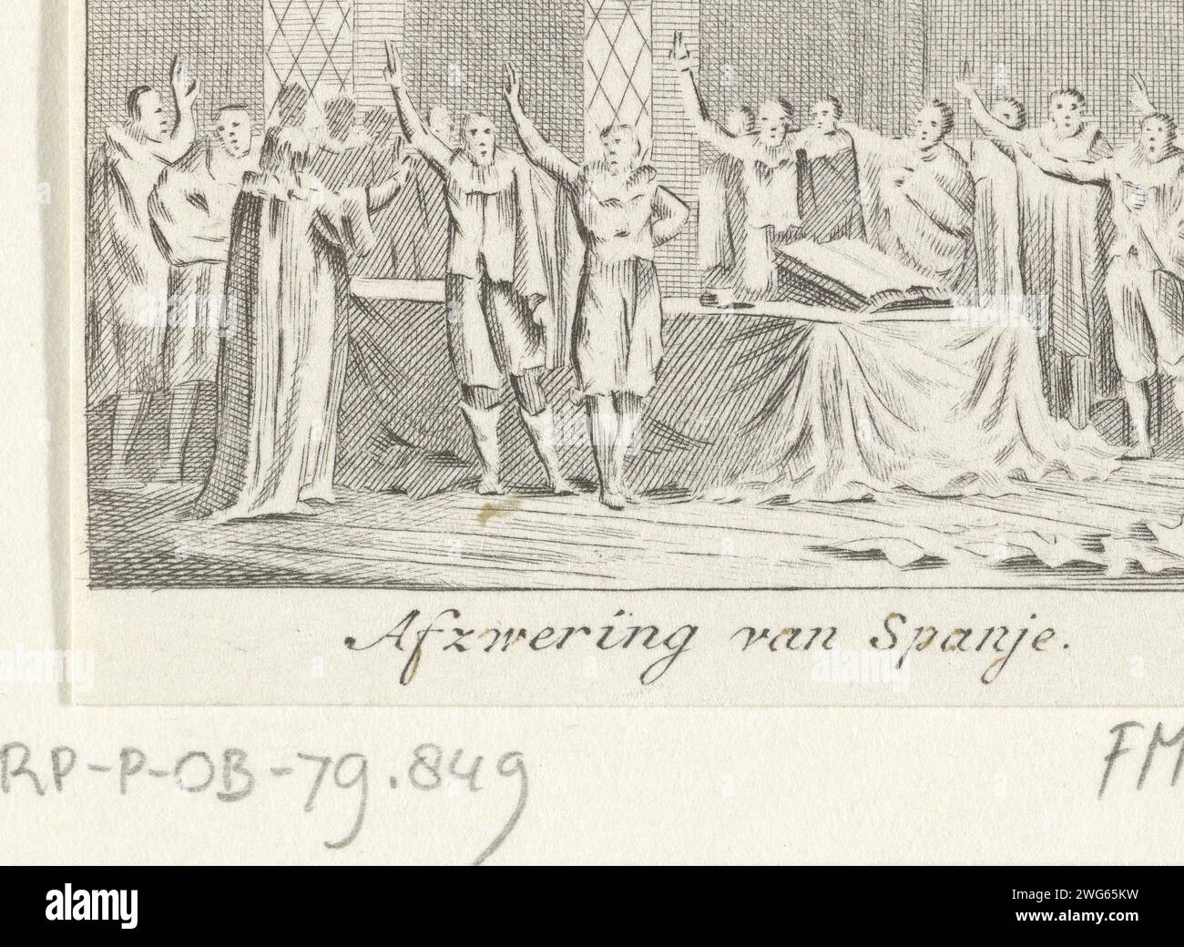 The renouncement of Philip II by the States, 1581, 1700 - 1799 print Small representation of renouncing the Spanish king Philip II by the States, July 26, 1581. Interior in which a large group of members of the States General take the oath. Netherlands paper engraving swearing an oath (with two fingers raised). involuntary abdication (of a ruler) Stock Photo
