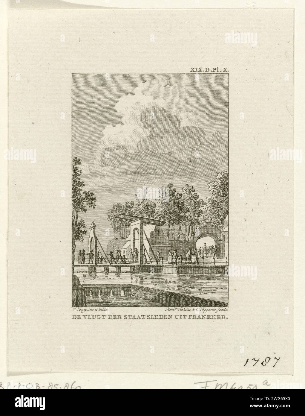 Flight of Patriots from Franeker, 1787, Reinier Vinkeles (I), After Jacobus Buys, 1787 - 1795 print Flight of Patriots with their families from Franeker, September 23, 1787. Marked at the top right: XIX.D.PL.X. Northern Netherlands paper etching / engraving flight of the government or its adherents Franeker Stock Photo