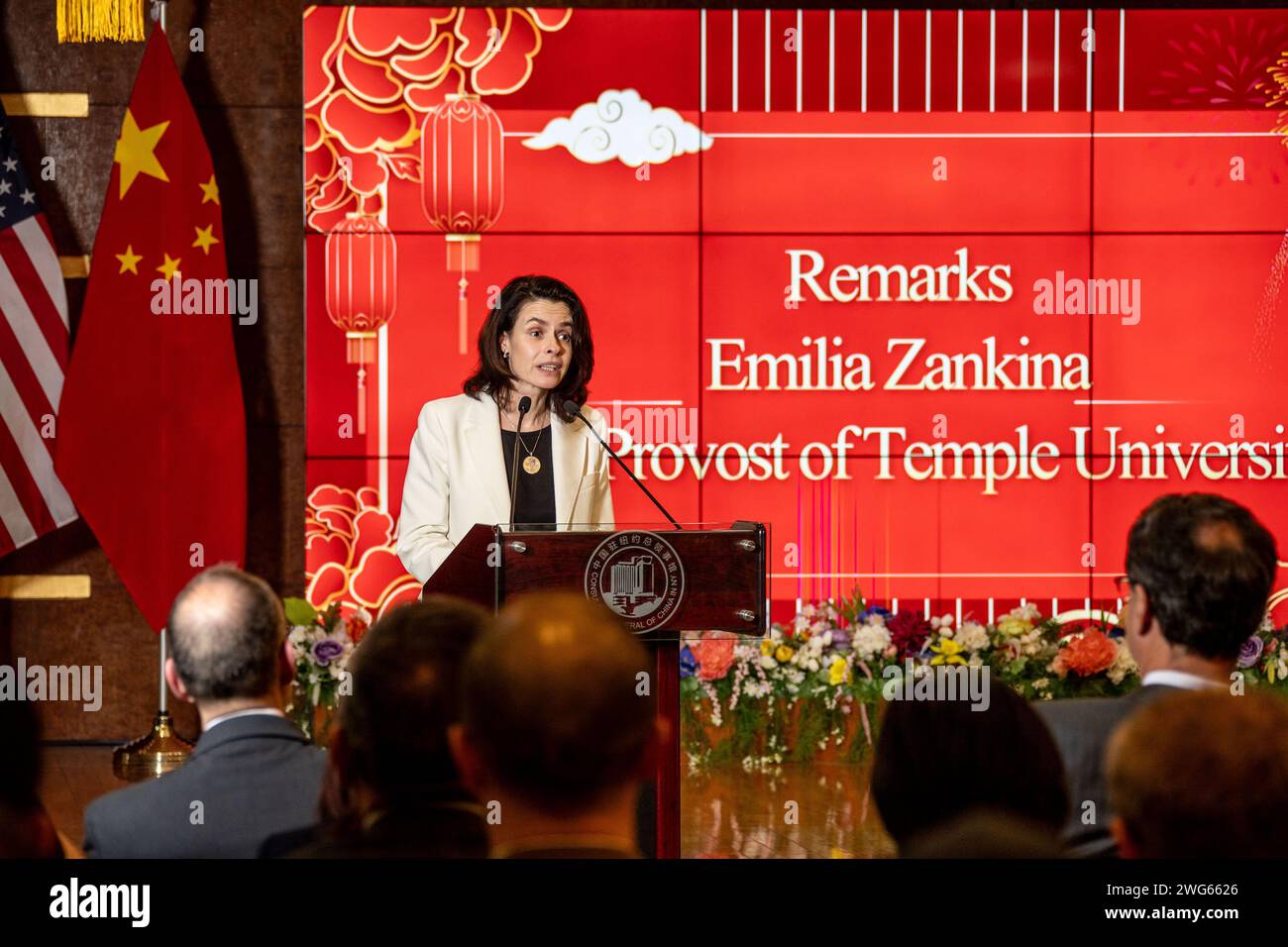 New York, USA. 31st Jan, 2024. Emilia Zankina, Temple's vice provost for global engagement, speaks during an event in commemoration of the 45th anniversary of Temple University's conferment of an honorary Doctorate of Law to then Chinese Vice Premier Deng Xiaoping, at the Chinese Consulate General in New York, the United States, on Jan. 31, 2024. TO GO WITH 'China's education exchange initiative creates opportunities for American youth, scholars say' Credit: Winston Zhou/Xinhua/Alamy Live News Stock Photo