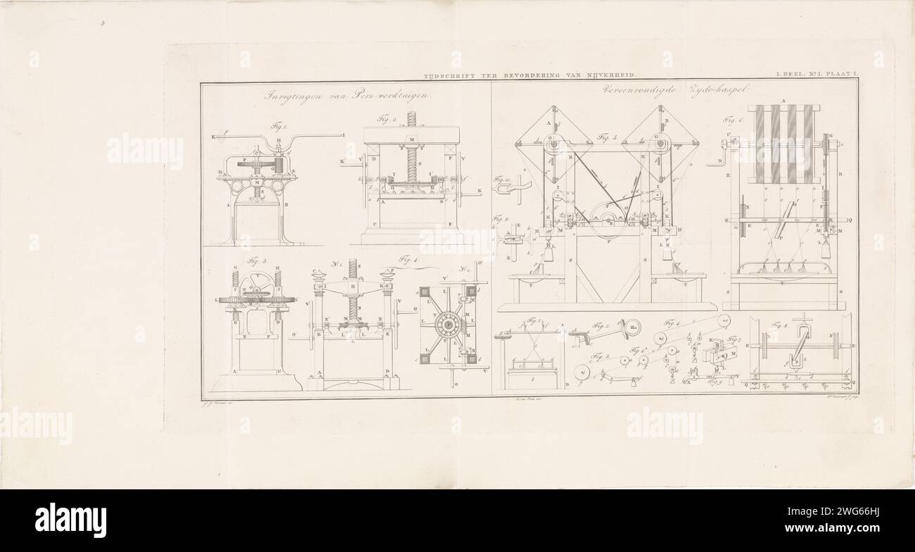 Technical figures of presses and silk reels, Daniël Vulawaard (II), After Herman Daniël van Perls, After G.J. Verdam, 1832 - 1859 print Technical figures of presses and silk reels for the magazine to promote industry. At the top right: I part No I Plate I.  paper etching machines; parts of machines; tools and appliances. tools, aids, implements  crafts and industries: press. manufacturing with yarn Stock Photo