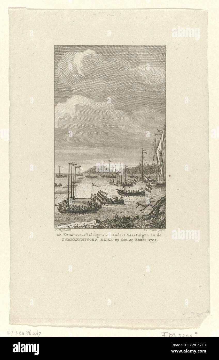 Cannoon sloops in the Dordtsche Kil, 1793, Reinier Vinkeles (I), After Jacobus Buys, After Carel Frederik Bendorp (I), After Martinus Schouman, 1800 print The closure of the Dordtsche Kil with rafts, guns and some other vessels on March 29, 1793, as a defense against the French. Northern Netherlands paper etching / engraving rowing-boat, canoe, etc.. chains across waterway Dordtse Kil Stock Photo