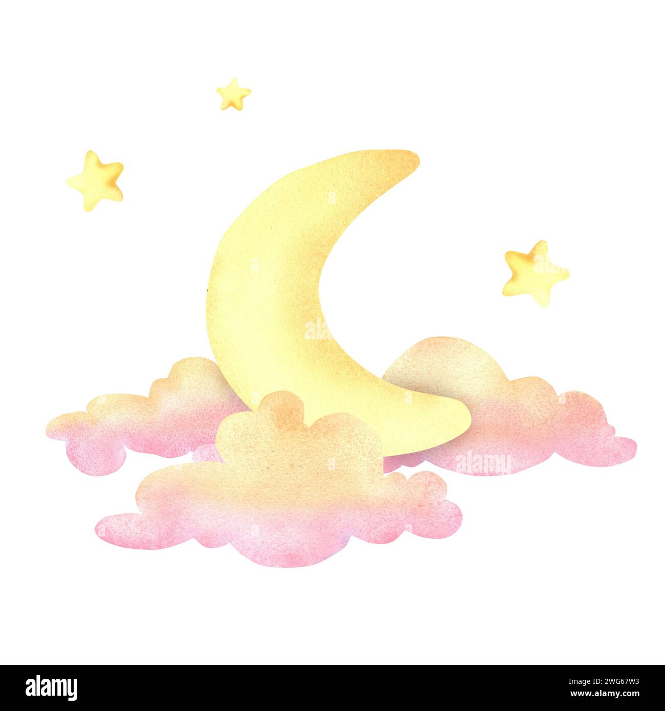 Watercolor stars and the moon on a white background. The illustration