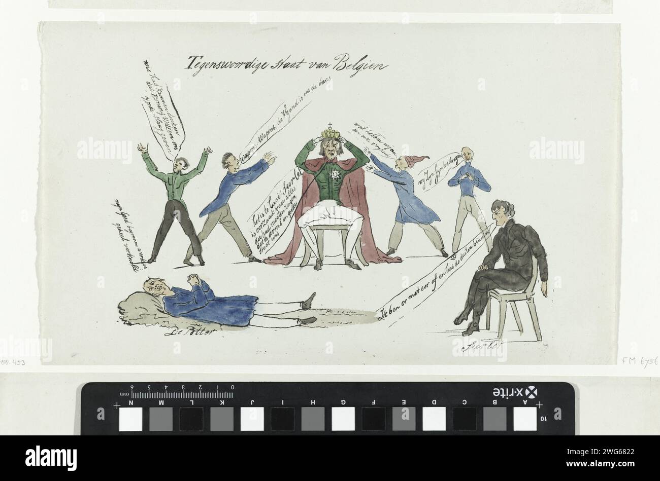 Cartoon on the desperate state of Belgium, 1831, 1831 print Cartoon on the desperate state of Belgium after the losses in the ten -day campaign in August 1831. The Belgian king Leopold I is desperate on his throne and grabs his throne. Left in the foreground is the Potter, on the right the Baron Surlet de Chokier is in a chair. Netherlands paper  Despair; 'Disperatione' (Ripa) Stock Photo