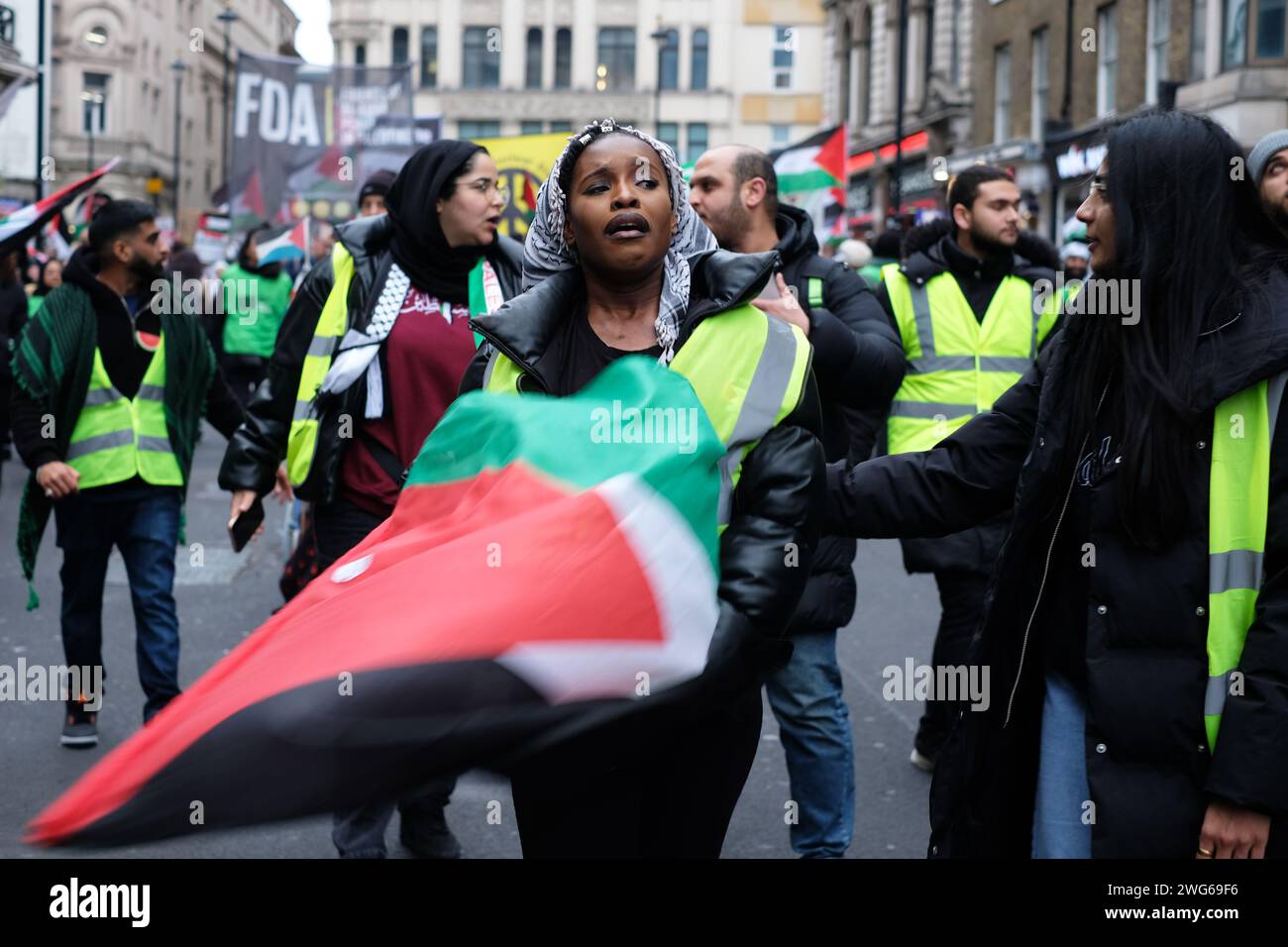 London, United Kingdom. 3rd February, 2024. A person breaks into tears while leading a National Demonstration in solidarity with Palestine. Laura Gaggero/Alamy Live News Stock Photo