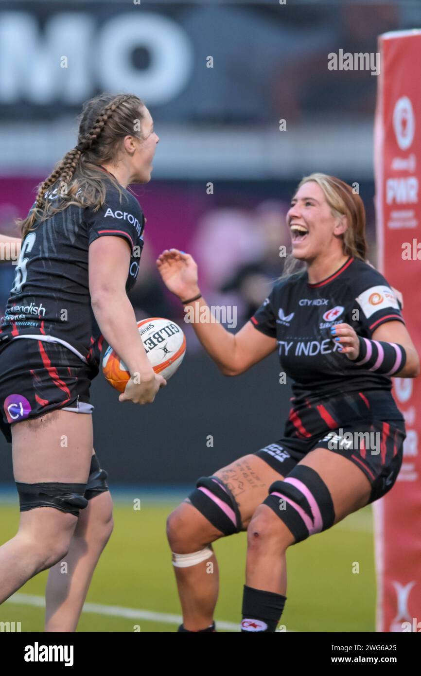 London, England on 3 February 2024. Sophie De Goede of Saracens Women scores a second half try during the Womens Allianz Premier 15s match between Saracens Women and Trailfinders Women at the StoneX Stadium,  Photo by Phil Hutchinson. Editorial use only, license required for commercial use. No use in betting, games or a single club/league/player publications. Credit: UK Sports Pics Ltd/Alamy Live News Stock Photo