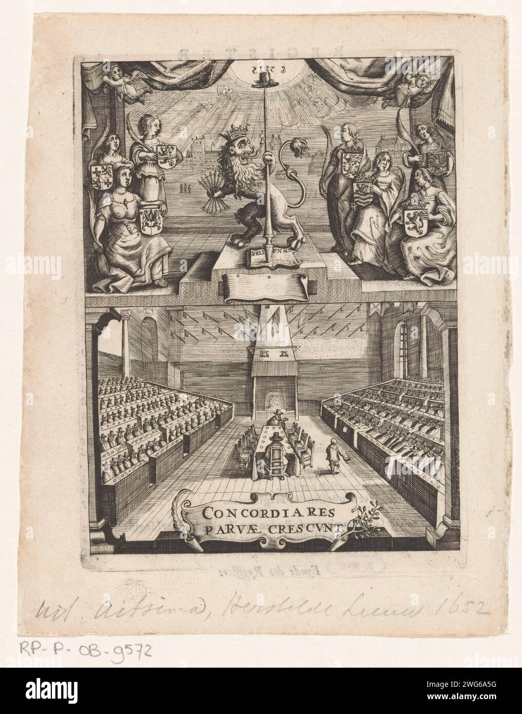 Dutch Lion and Republic of the Seven United Netherlands, Anonymous, 1652 print The Hollandse Leeuw with freedom hat and a bundle of seven arrows. Around seven women with coats of arms are as personifications of the seven states of the Republic of the United Netherlands. Below the room where the Union of Utrecht was closed. The Hague paper engraving / etching / letterpress printing beasts of prey, predatory animals: lion. symbols of particular nations, states, districts, etc.. alliance, league, union, foedus Stock Photo