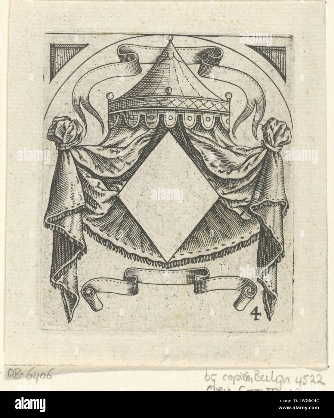 Coat of arms with diamond -shaped field under canopy, 1625 print Leaf from series of coats of arms with empty compartments. Amsterdam paper engraving Stock Photo