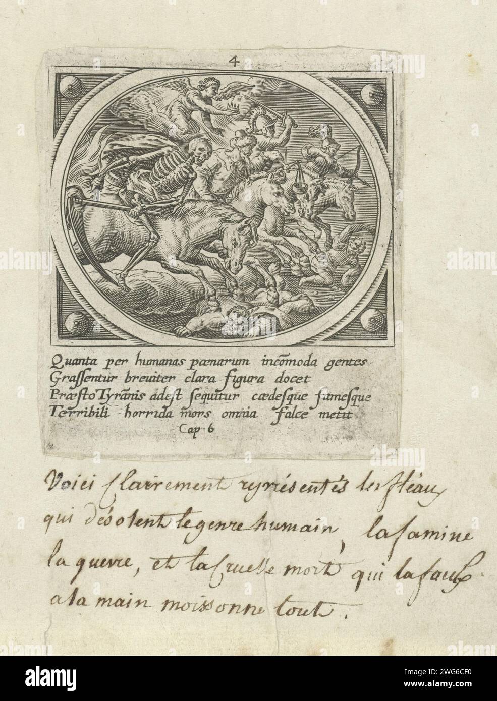 The four Apocalyptic horsemen, Adriaen Collaert (Attributed to), after Jan Snellinck (I), 1585 print Opening the first four stamps: the four Apocalyptic riders, 'Victorie', 'War', 'Hunger' and 'Death' trample humanity. Above them an angel, with a crown. In the margin a four -line caption in Latin. Fourth print from a series of twenty -four with the revelation of Johannes on Patmos. Antwerp paper engraving the four horsemen of the Apocalypse Stock Photo