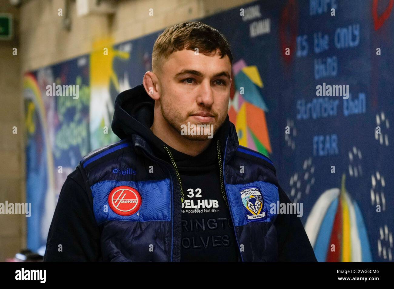 Sam Powell of Warrington Wolves arrives at the stadium before the Rugby ...