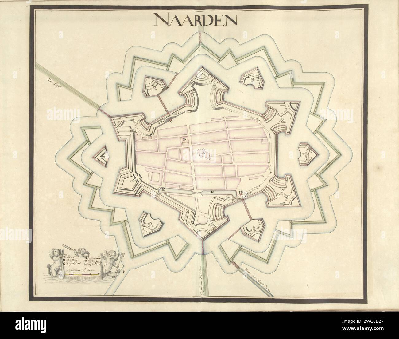Map of Naarden, ca. 1701-1715, 1701 - 1715 drawing Map of the reinforcements around the city of Naarden, ca. 1701-1715. Bottom left a cartouche with the legend A-f in Dutch, with three putti as sea creatures. Part of a collection of signed plans of reinforced places in the Netherlands and surrounding countries at the time of the Spanish Succession War (part A). Netherlands paper  maps of cities. fortress Naarden Stock Photo