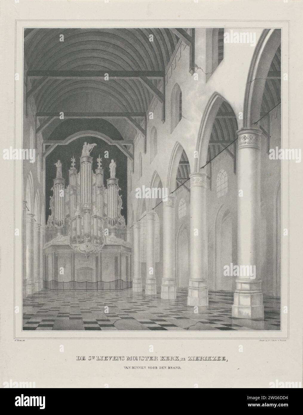 Interior of the Sint-Lievensmonsterkerk in Zierikzee, before the fire of 1832, 1832 print Interior of the Sint-Lievensmonsterkerk in Zierikzee, in Welstand, before the fire of 6 October 1832. Face in the interior towards the organ. See also the pendant with the ruins of the church after the fire. Print Maker: Zierikzee chart Drawing by: Zierikzeeprinter: Dordrecht paper  interior of church Sint-Lievensmonsterkerk Stock Photo