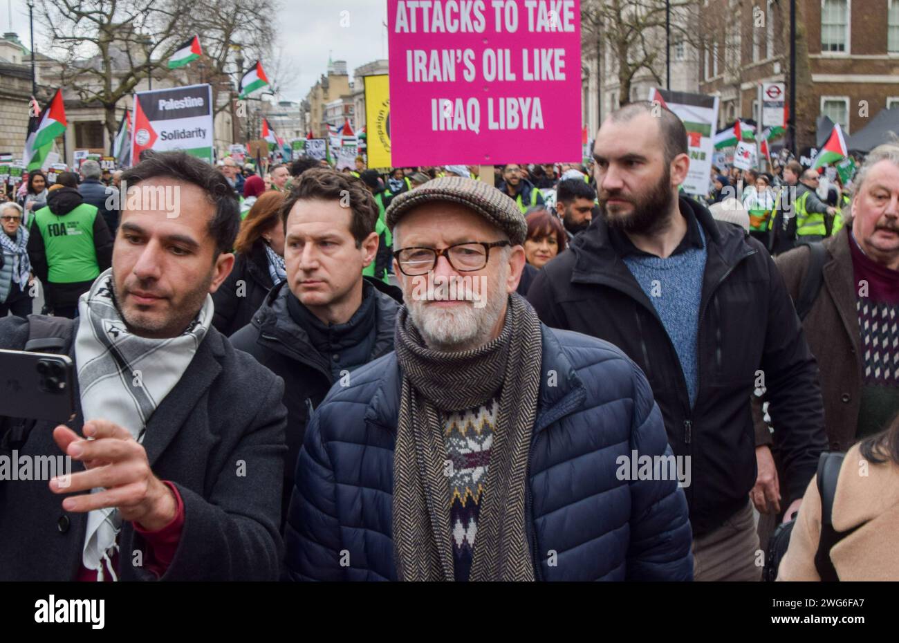 London, UK. 3rd February 2024. Jeremy Corbyn takes part in the protest ...