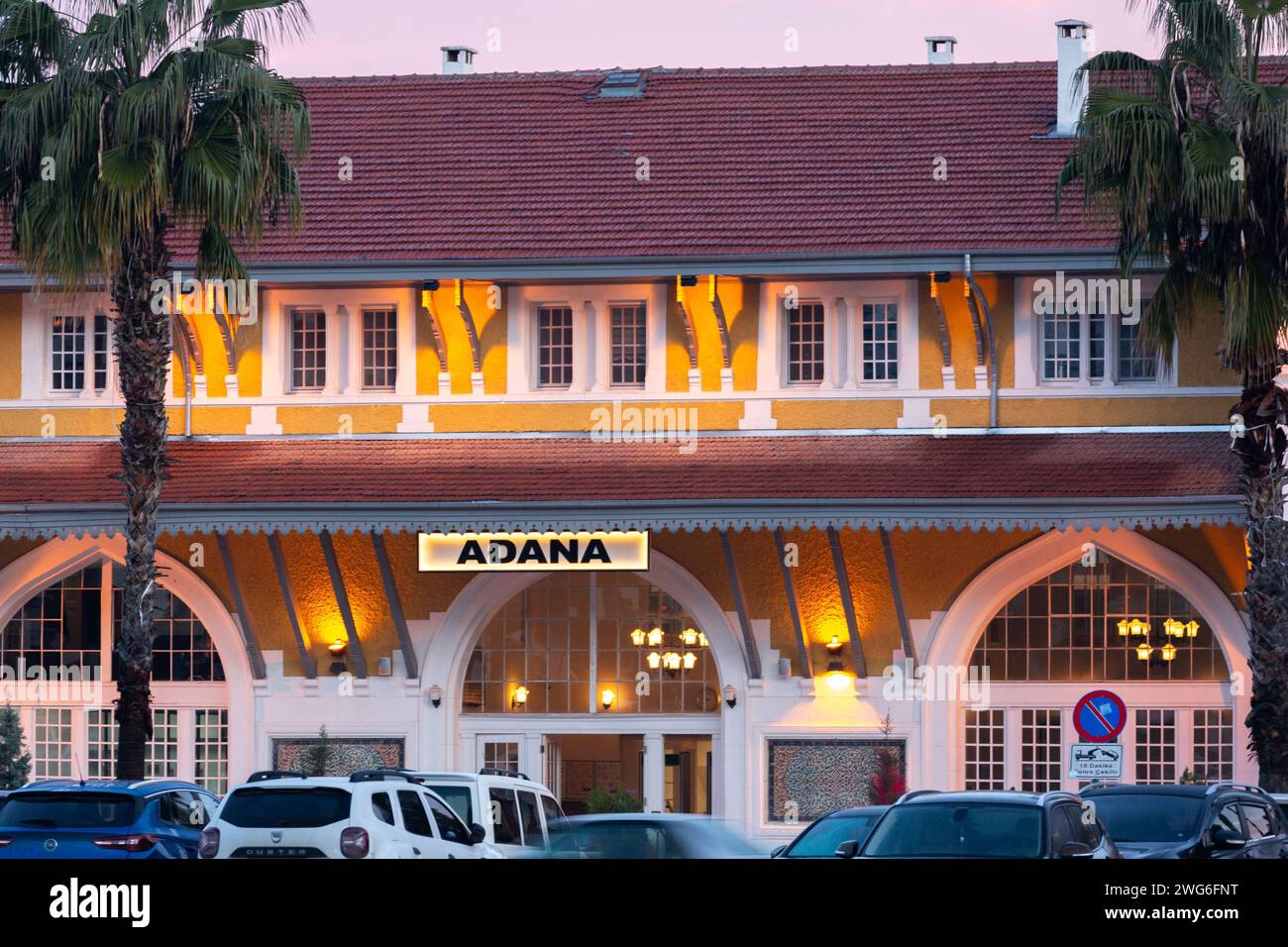 Adana, Turkiye - January 25, 2024: Exterior view of the Central Railway Station of Adana, Turkiye. Stock Photo